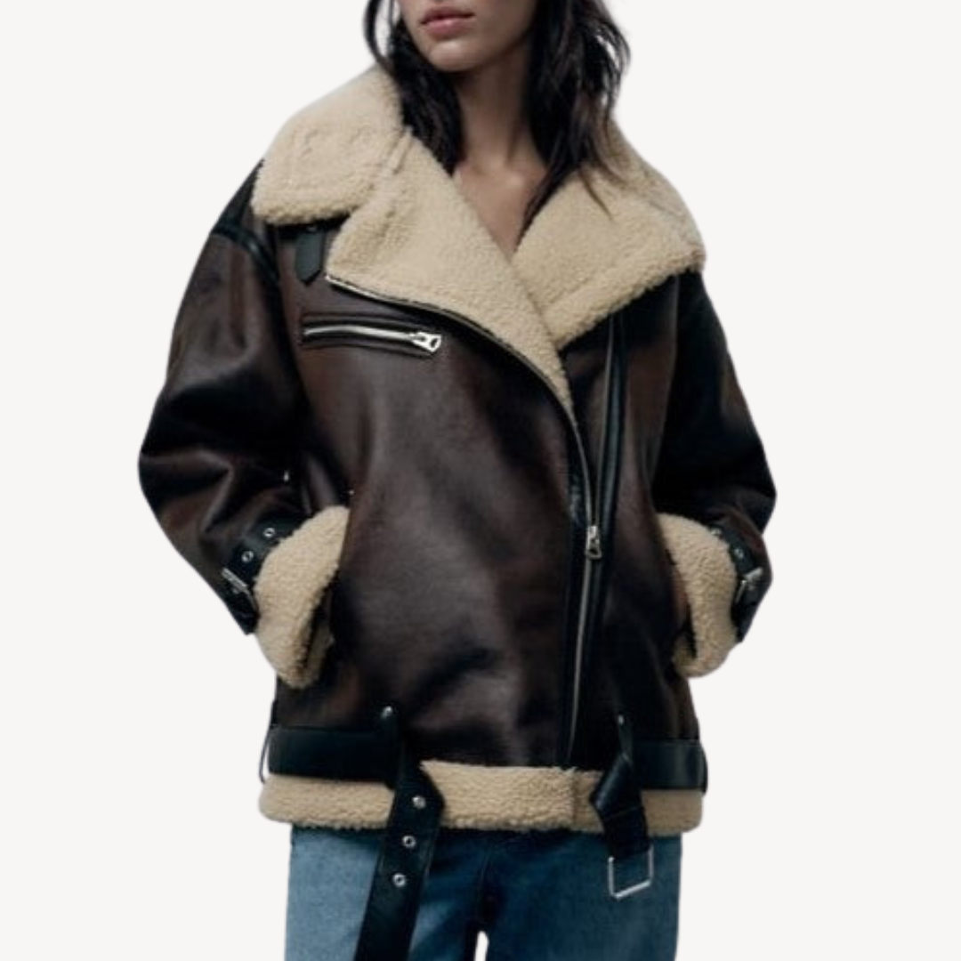 R&B | Damen Faux Shearling Pilotenjacke Braun