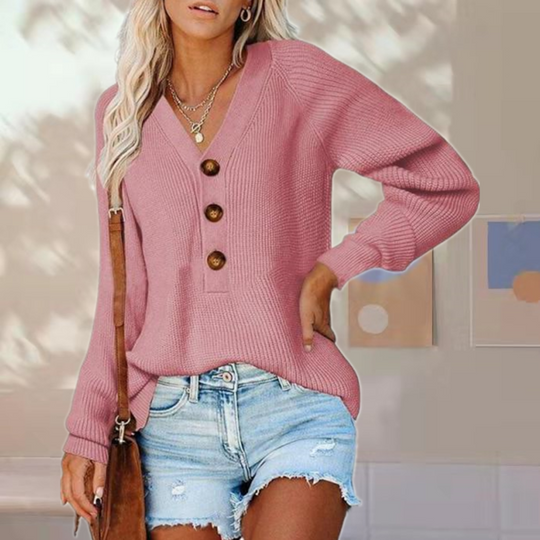 R&B | Pullover - Damen Herbst Knopf V-Ausschnitt Strickpullover