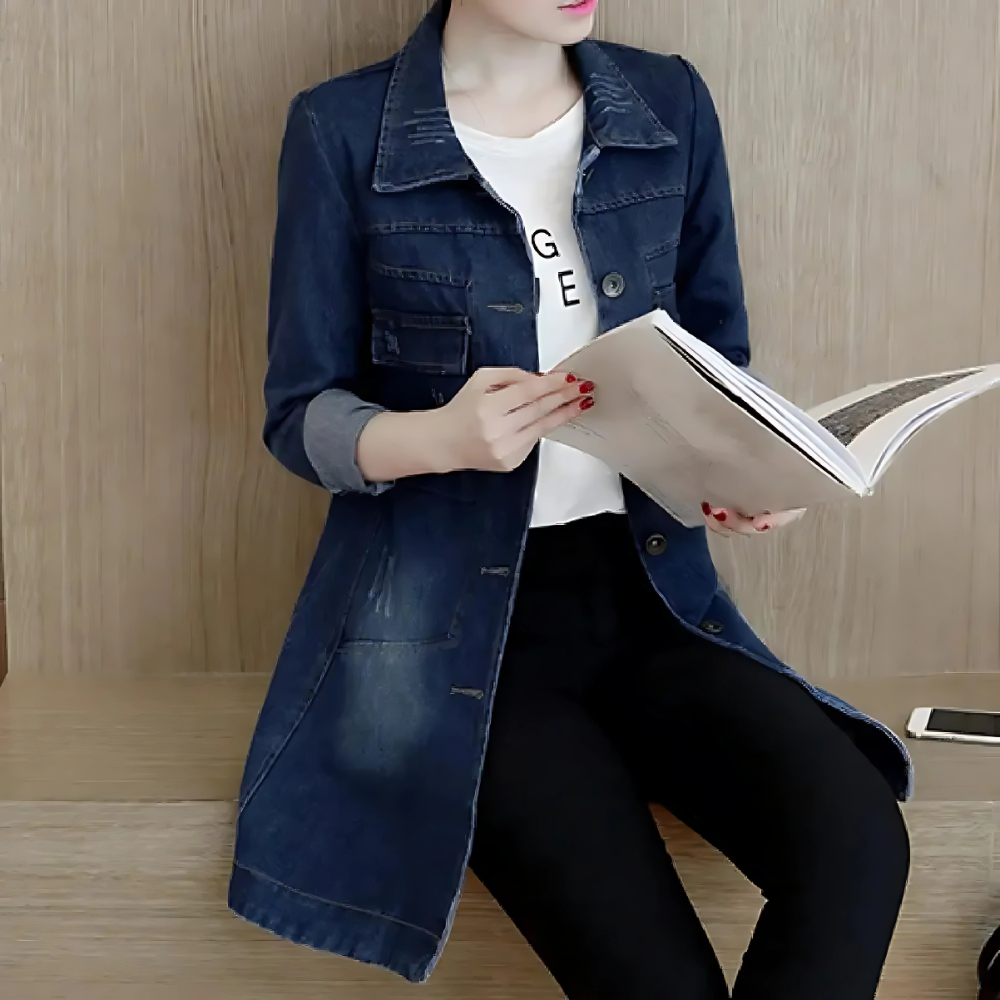 R&B | Lange Jeansjacke für Frauen mit Stickdetails