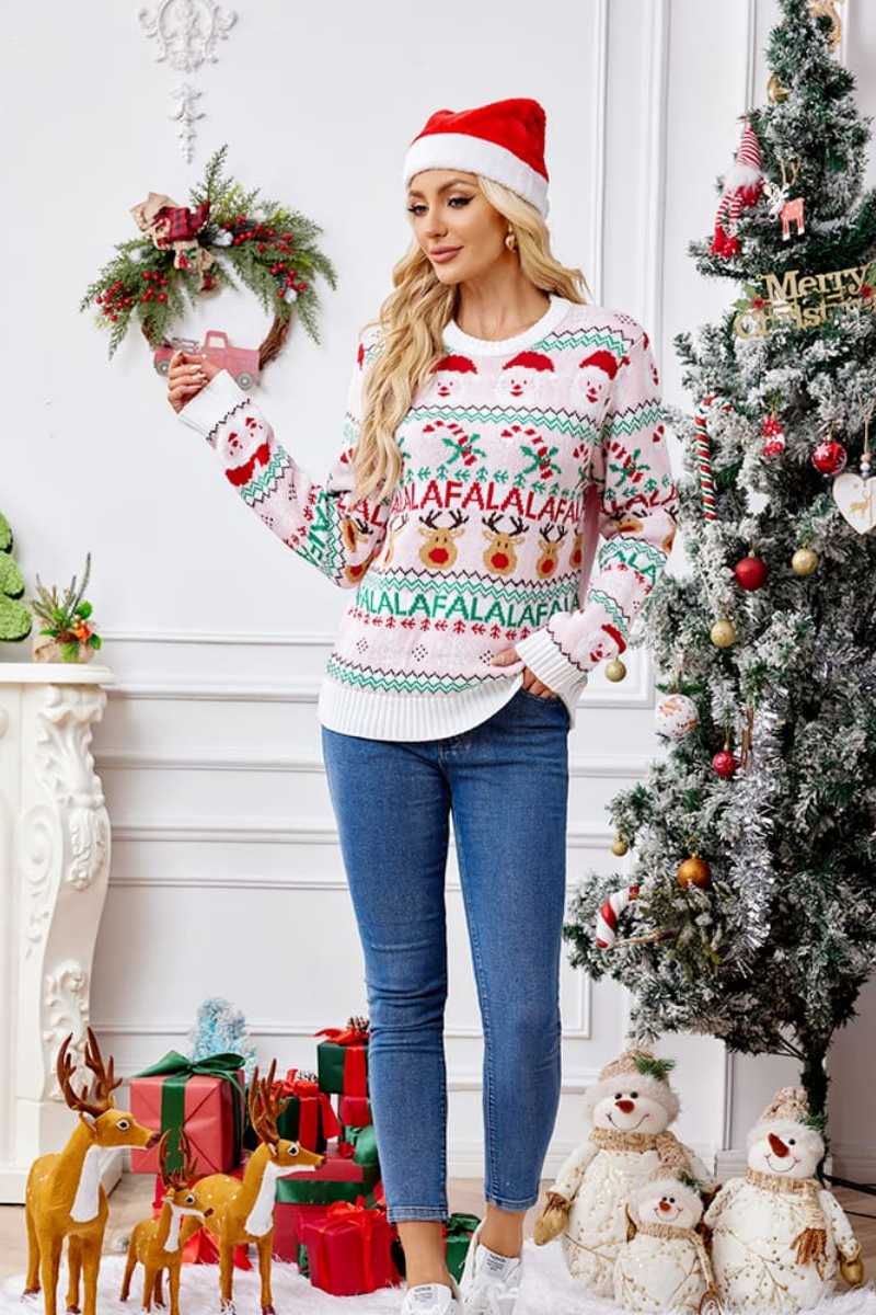 R&B | Locker Sitzende Rundhals Weihnachts Cartoon Strickpullover - Pink