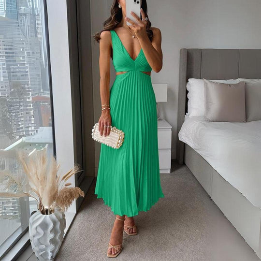 R&B | Midi Kleid Ärmellos V-Ausschnitt Twist Front & Cut Out Detail Plissierter Rock