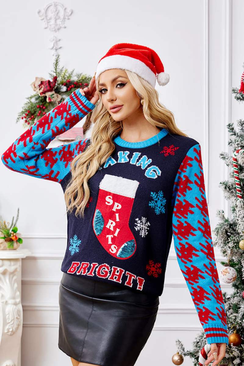 R&B | Lässige Weihnachtssocken Stickerei Strickpullover