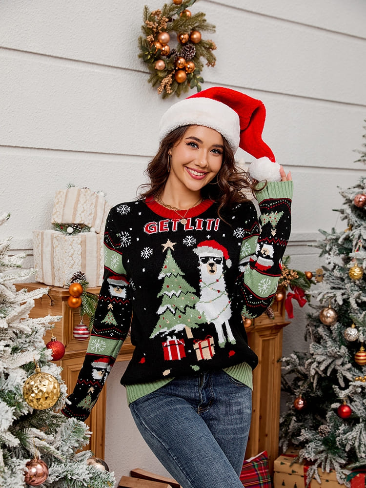 R&B | Rundhals Bestickter Strickpullover – Alpaka & Weihnachtsbaum