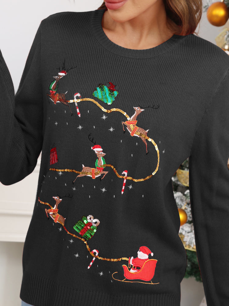 R&B | Weihnachtsniedlicher Rentier Stickerei Strickpullover