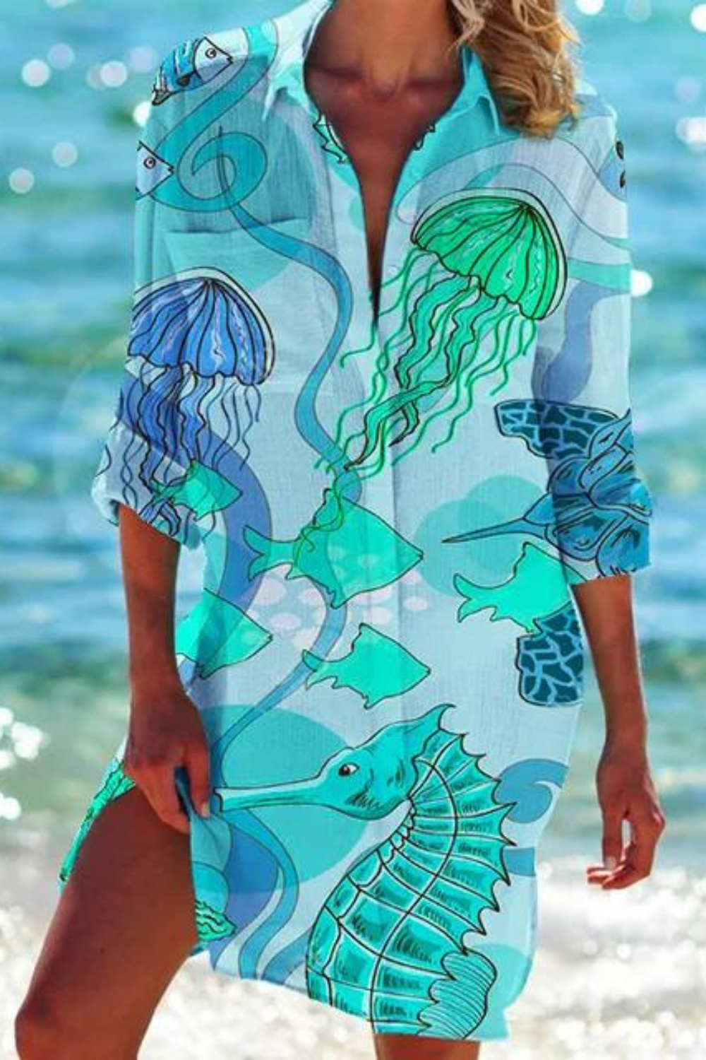 R&B - Lange Strandbluse mit Meeresmotiv