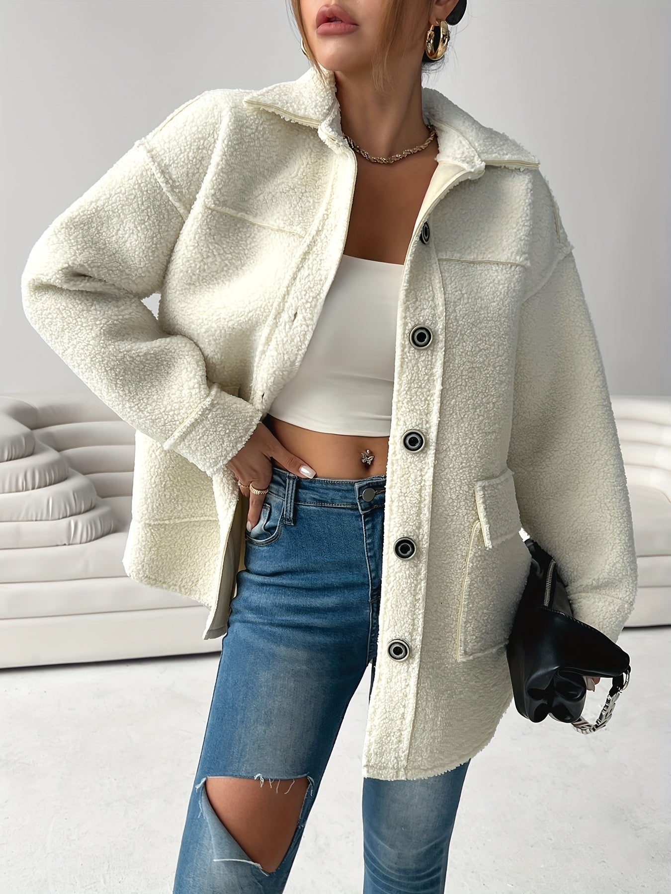 R&B | Gemütlicher Plys-jacke mit Knöpfen Polyester Komfortabel und Stilvoll