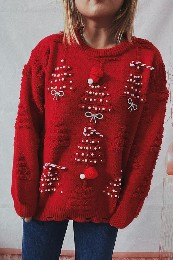 R&B | Handgemachter Perlen-Weihnachtsthema-Pullover dreidimensionaler dekorativer Pullover