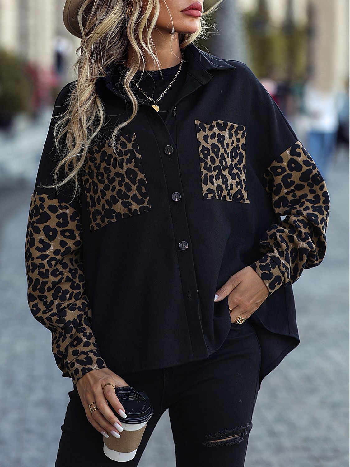 R&B | Leopard Print Knopf-abgesetzte Schulterjacke
