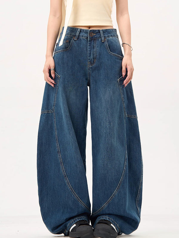 R&B | Blaue Boyfriend Jeans Mit Großen Taschen Und Weitem Krummschnitt