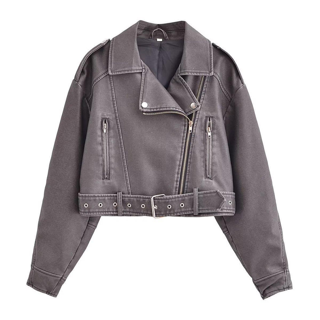 R&B | Damen PU Motorradjacke mit Reißverschluss und Gürtel