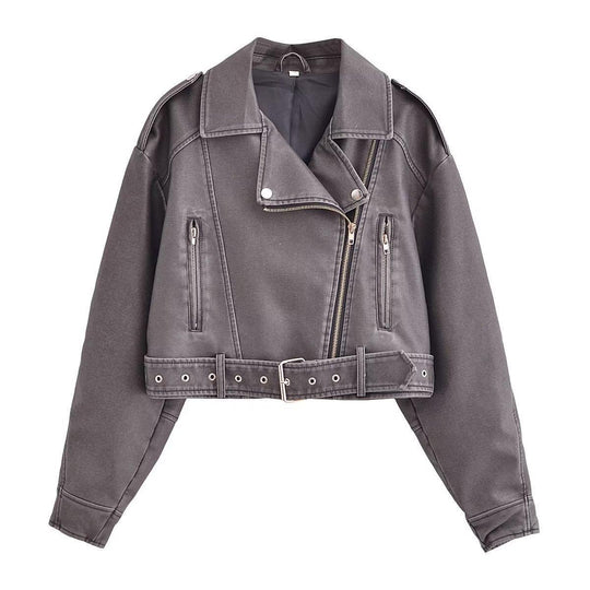 R&B | Damen PU Motorradjacke mit Reißverschluss und Gürtel