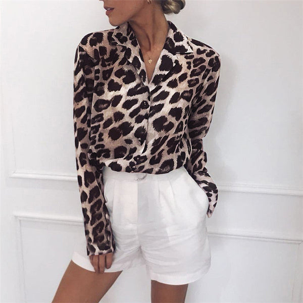 R&B | Stylische Bluse mit Leopardenmuster, langen Ärmeln und umschlagbarem Kragen