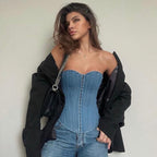 R&B | Schlankes Denim-Röhrentop mit Wellenkragen und Fischgrät