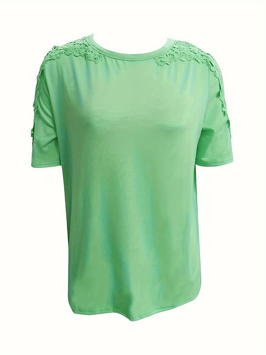 R&B | Unifarbiges T-Shirt mit Rundhalsausschnitt und Spitzennaht