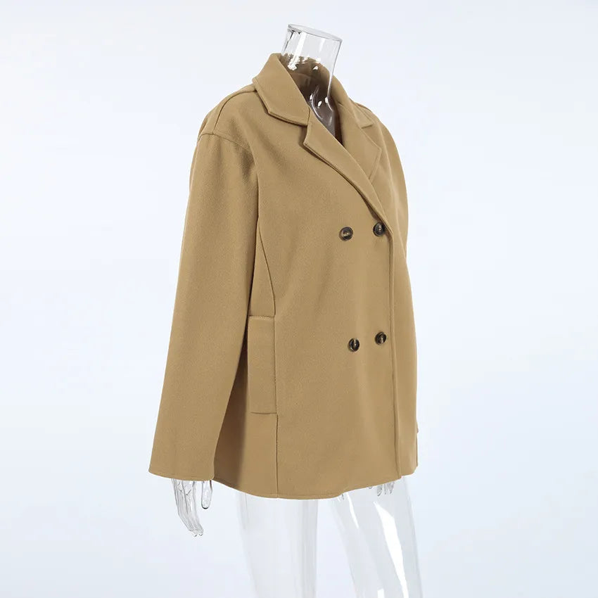 R&B | elegante braune Wolljacke mit doppelter Knopfreihe, halblang