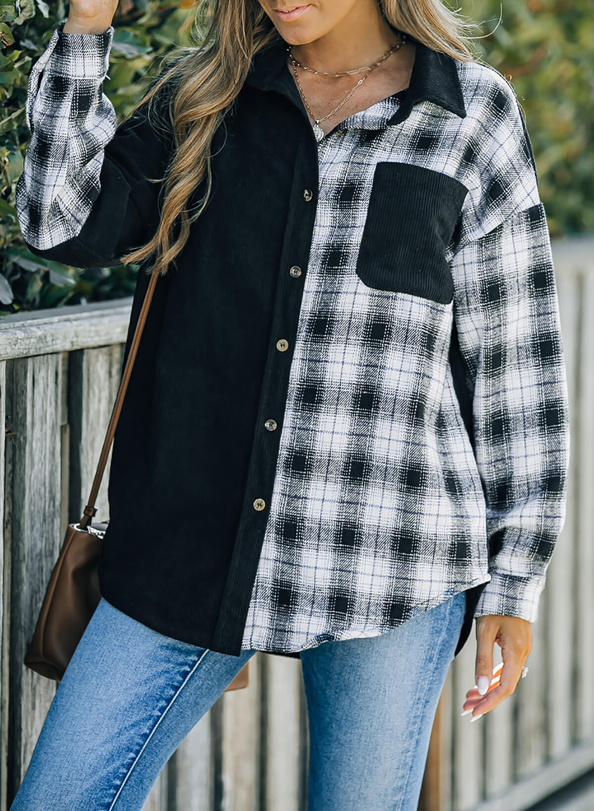 R&B | Karierte Farbblock Gefallen Schulter Corduroy Shacket