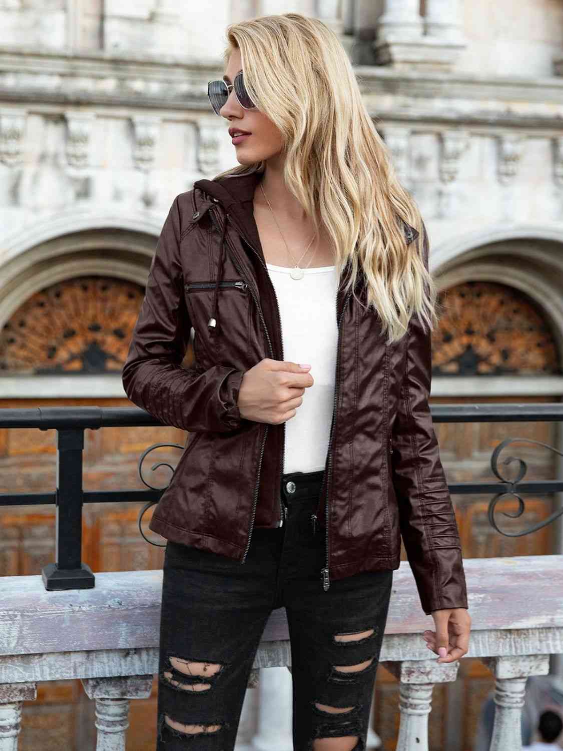 R&B | PU-Jacke mit Kapuze und durchgehendem Reißverschluss