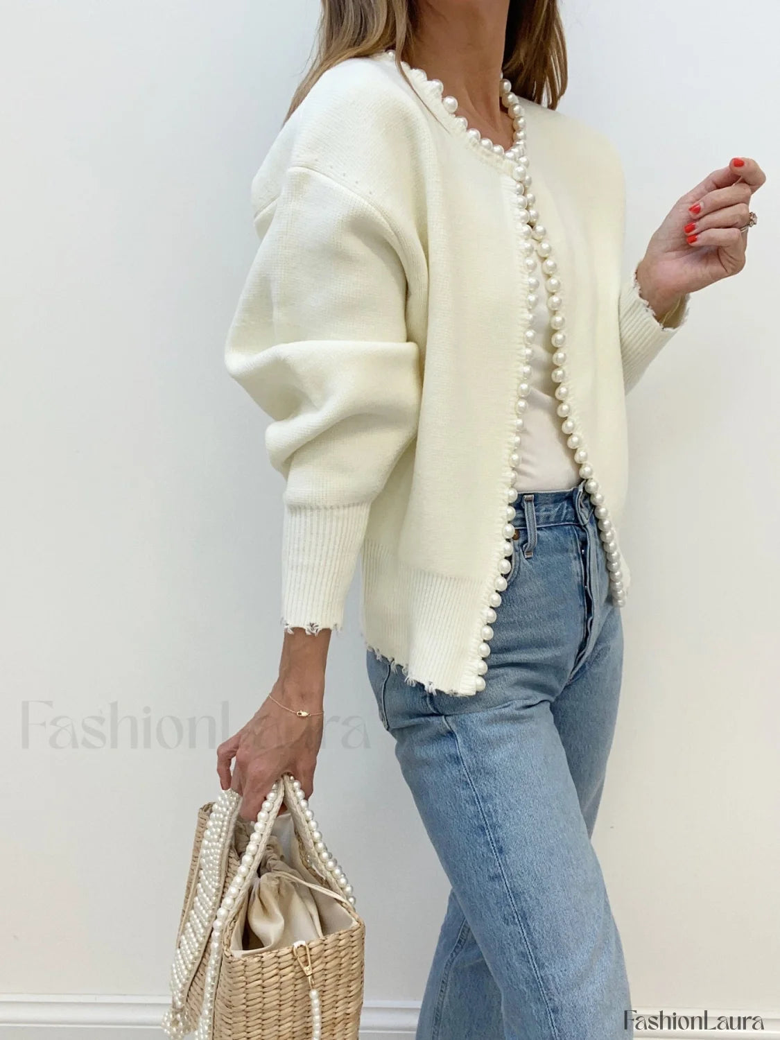R&B | Strickjacke mit Perlenverzierungen und Fransigem Saum