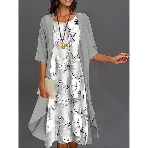 R&B | Graues Bedrucktes Midikleid mit Oberbekleidung
