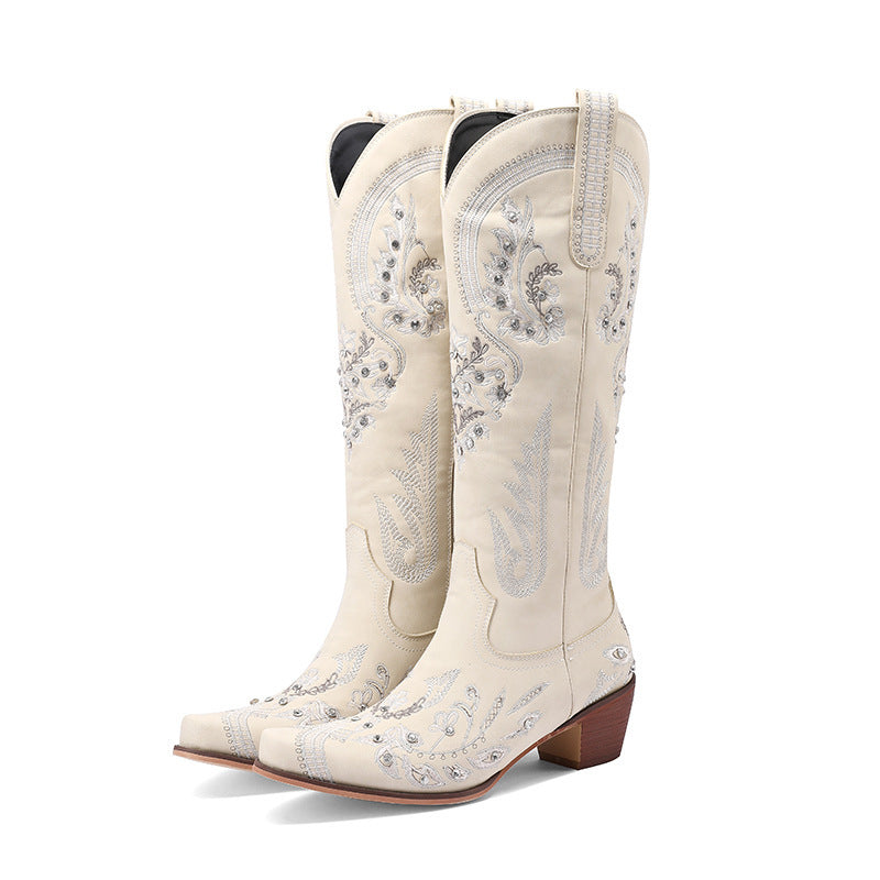 R&B | Bestickte Western Denim Retro Damen Knielange Stiefel