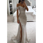 Glitzerndes Damen Abendkleid Schulterfreies Maxikleid mit Schlitz für Hochzeit & Fest | R&B