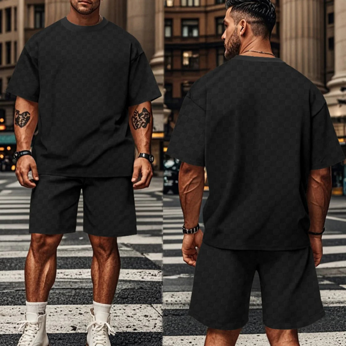 R&B | Schachbrettmuster Kurzarm-Shorts-Set