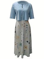 elegantes zweiteiliges Blumenkleid-Set mit einfarbigem Crop-Top und Kleid mit Rundhalsausschnitt