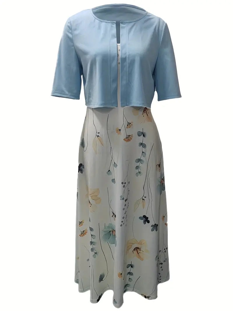 R&B – elegantes zweiteiliges blumenkleid-set mit einfarbigem crop-top und kleid mit rundhalsausschnitt