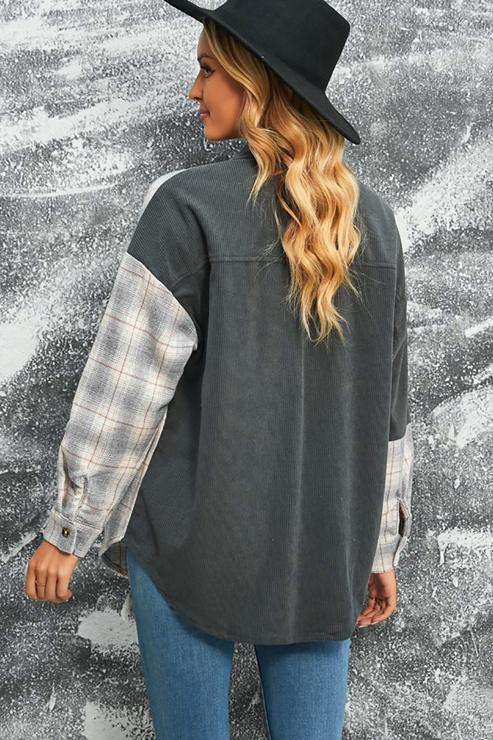 R&B | Karierte Farbblock Gefallen Schulter Corduroy Shacket