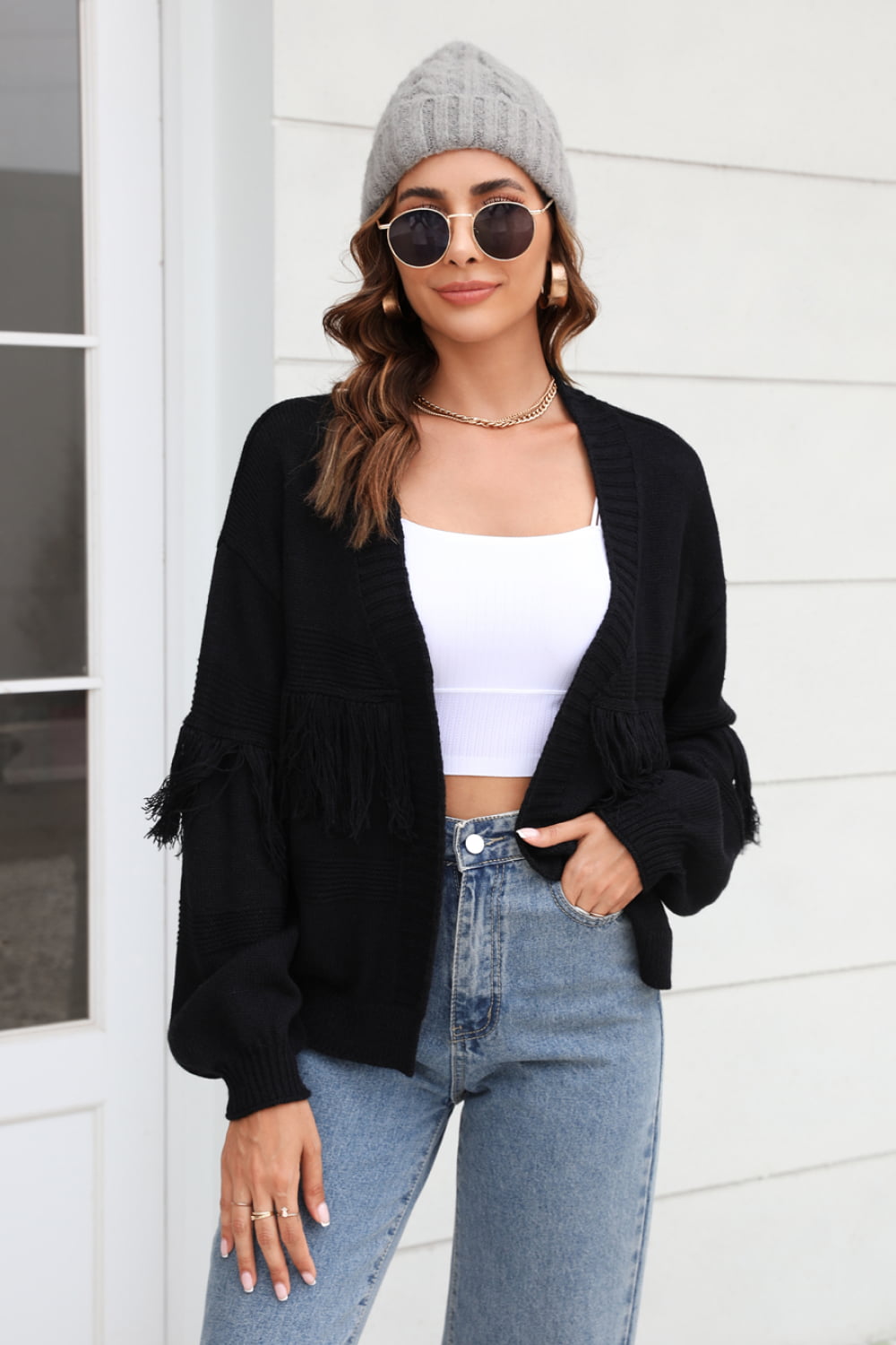 R&B | Fransenbesatz Offene Vorder-Cardigan