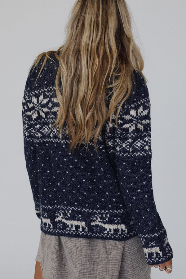 R&B | Weihnachts-Schneeflocken-Elch-Reißverschluss Langarmpullover