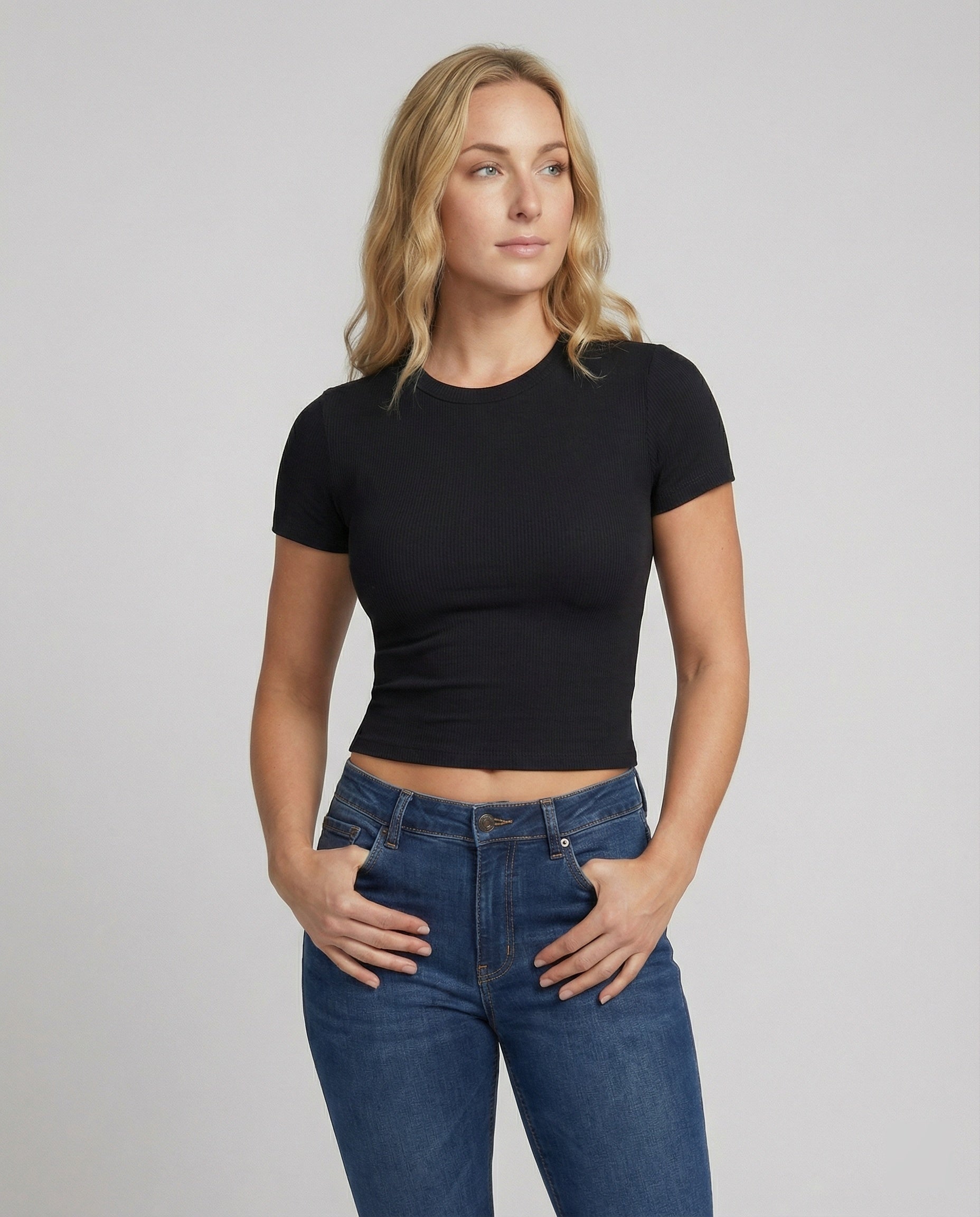 Damen T-Shirt Slim-Fit Elastisch Kurzarm Rundhals Einfarbig Sommer Basic