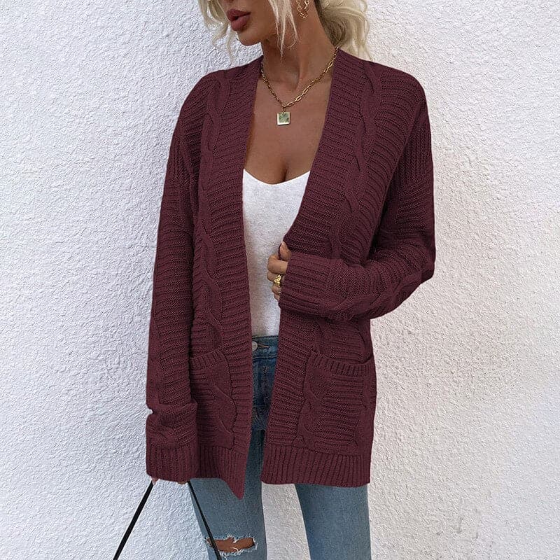 R&B | Cardigan - Strick Kabelstrick - Offene Front - Lange Ärmel mit Taschen