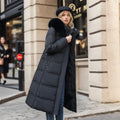 R&B | Damen lange Winterjacke mit Pelzmütze und Gürtel
