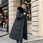 R&B | Damen lange Winterjacke mit Pelzmütze und Gürtel