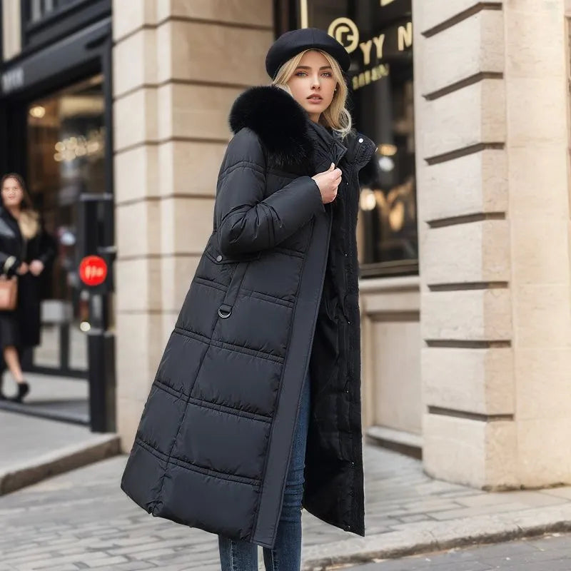 R&B | Damen lange Winterjacke mit Pelzmütze und Gürtel