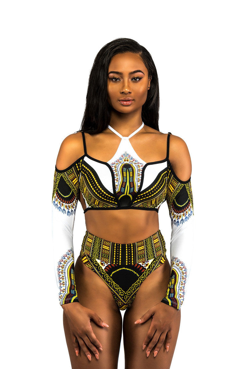 Damen Crop-Top Bikini mit langen Ärmeln und innovativem Muster R&B