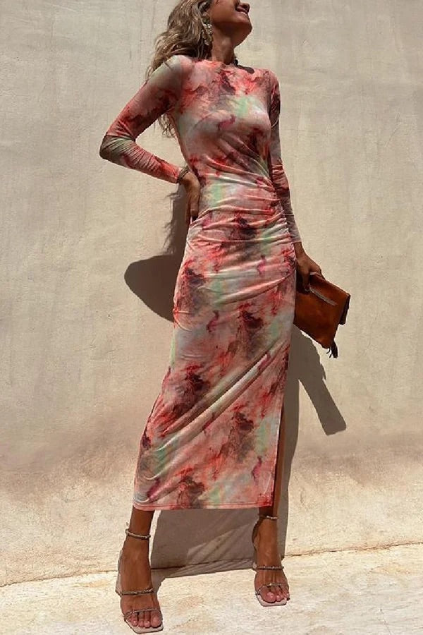 R&B | Charm Lady Mesh Overlay Tie Dye Print Langarm Rüsch Stretch Midi Kleid