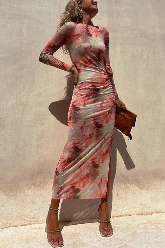 R&B | Charm Lady Mesh Overlay Tie Dye Print Langarm Rüsch Stretch Midi Kleid
