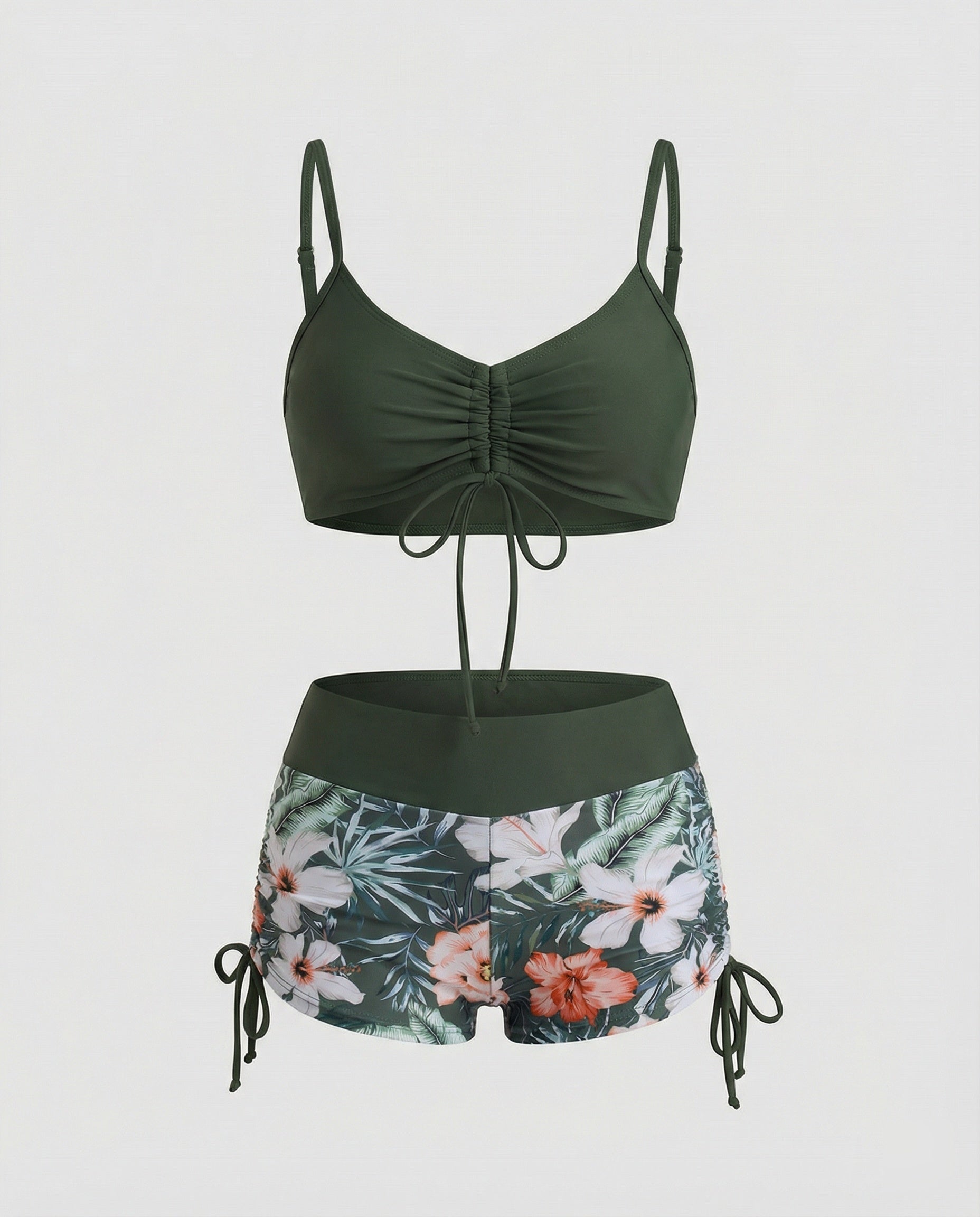 R&B | 2 Teiliges Bikini mit Grünem Blumenmuster und Hoher Taille