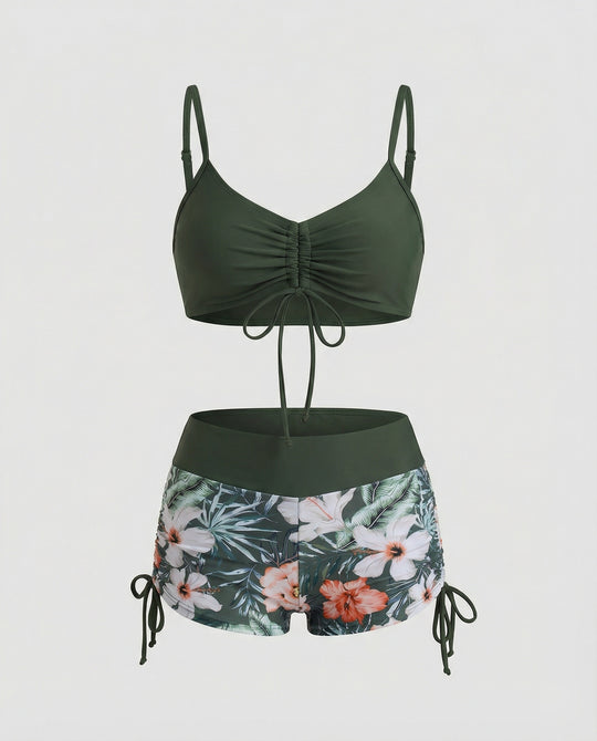 R&B | 2 Teiliges Bikini mit Grünem Blumenmuster und Hoher Taille