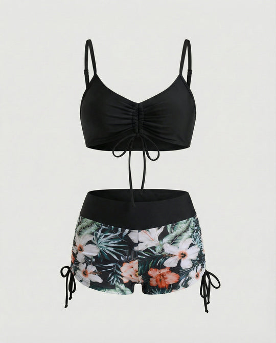 R&B | 2 Teiliges Bikini mit Grünem Blumenmuster und Hoher Taille