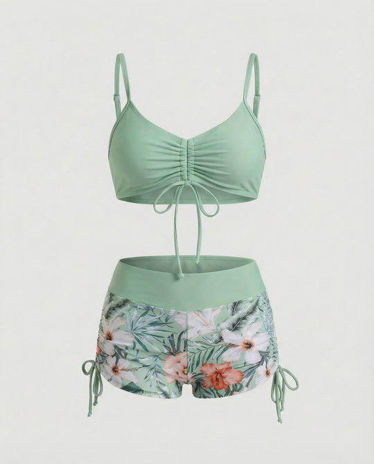 R&B | 2 Teiliges Bikini mit Grünem Blumenmuster und Hoher Taille