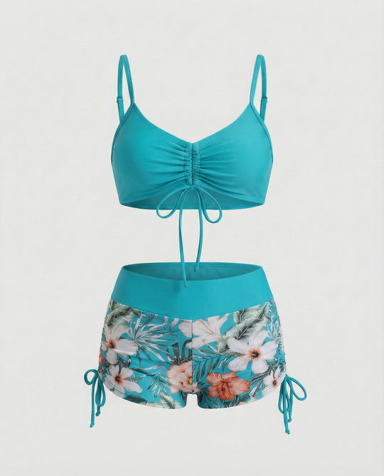 R&B | 2 Teiliges Bikini mit Grünem Blumenmuster und Hoher Taille