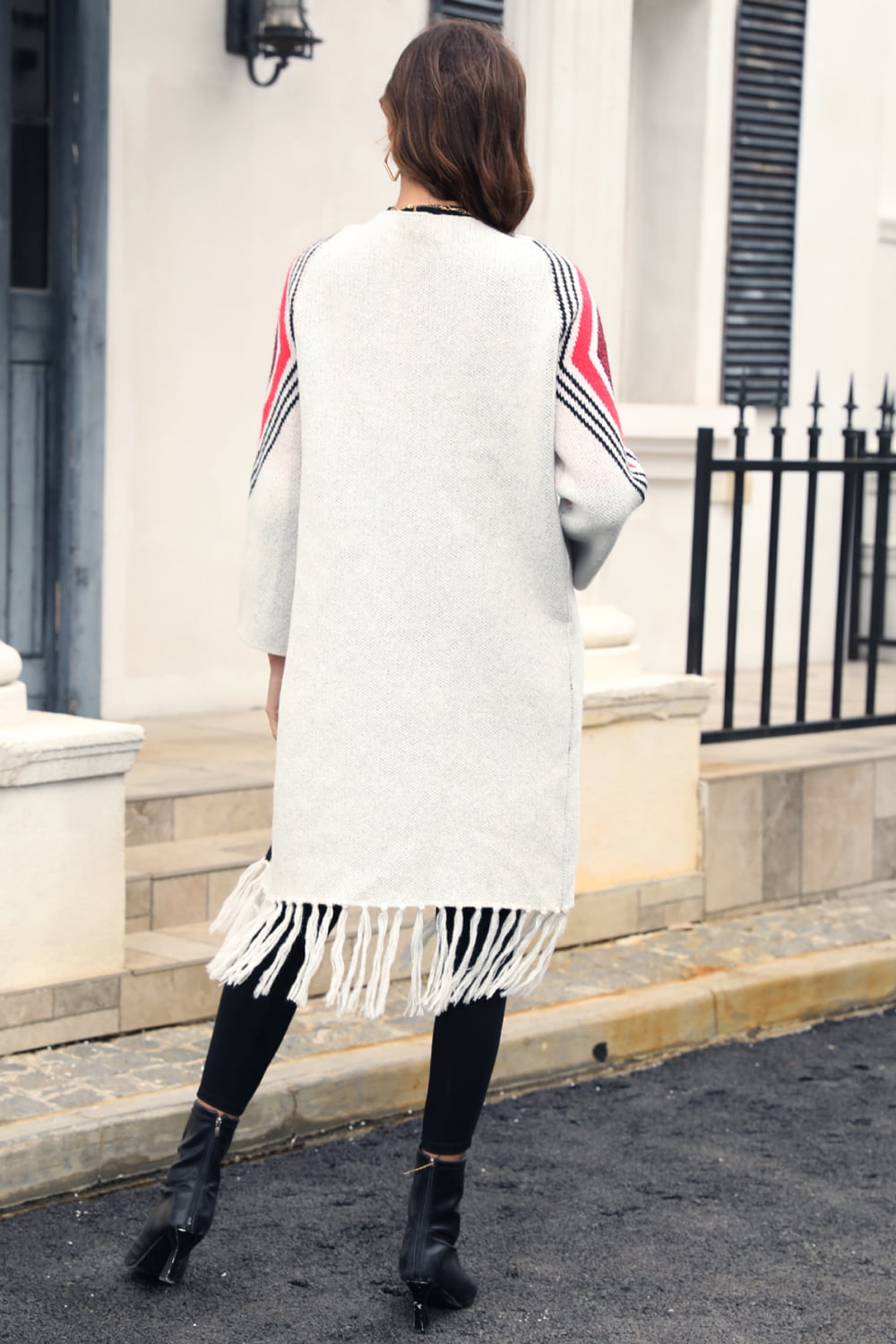 R&B | Geometric Fringe Hem Offene Front Duster Cardigan
