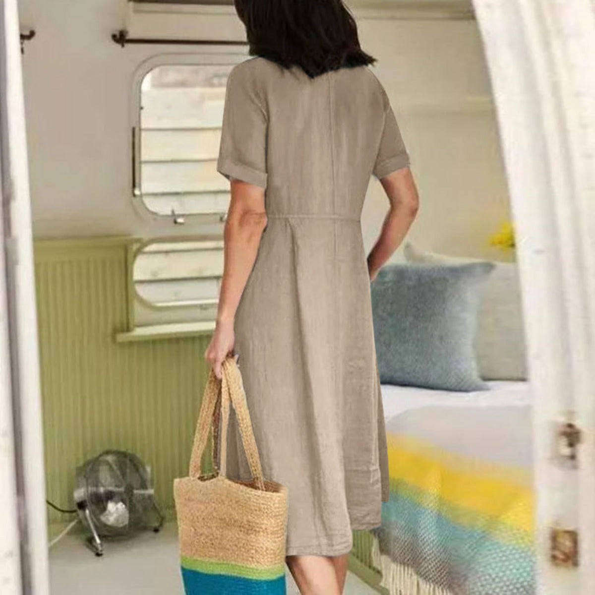 R&B | Lockeres Kleid aus Baumwolle und Leinen mit hoher Taille