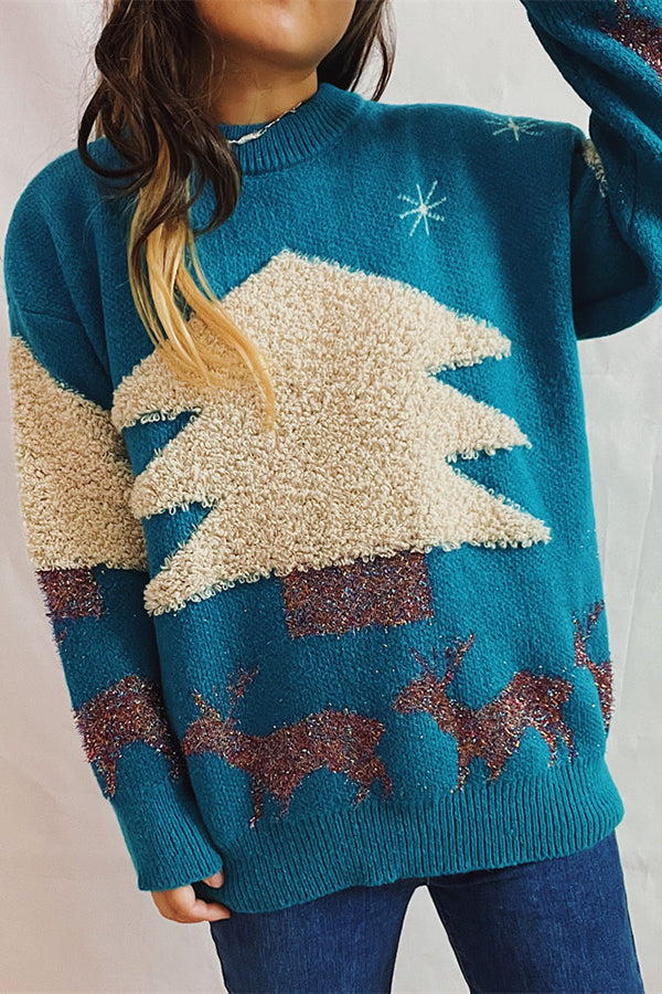 R&B | Weihnachtsmuster Gestrickter Rundhalsausschnitt Langarmpullover