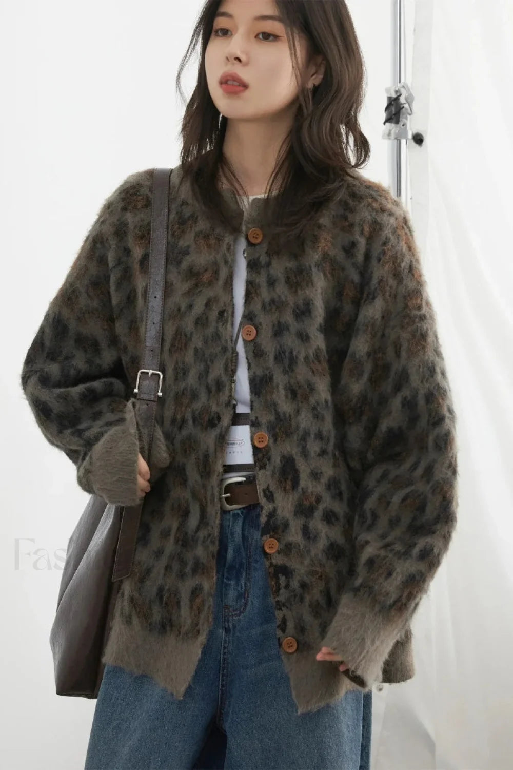 R&B | Gemütlicher Leopardenmuster Einreiher Cardigan