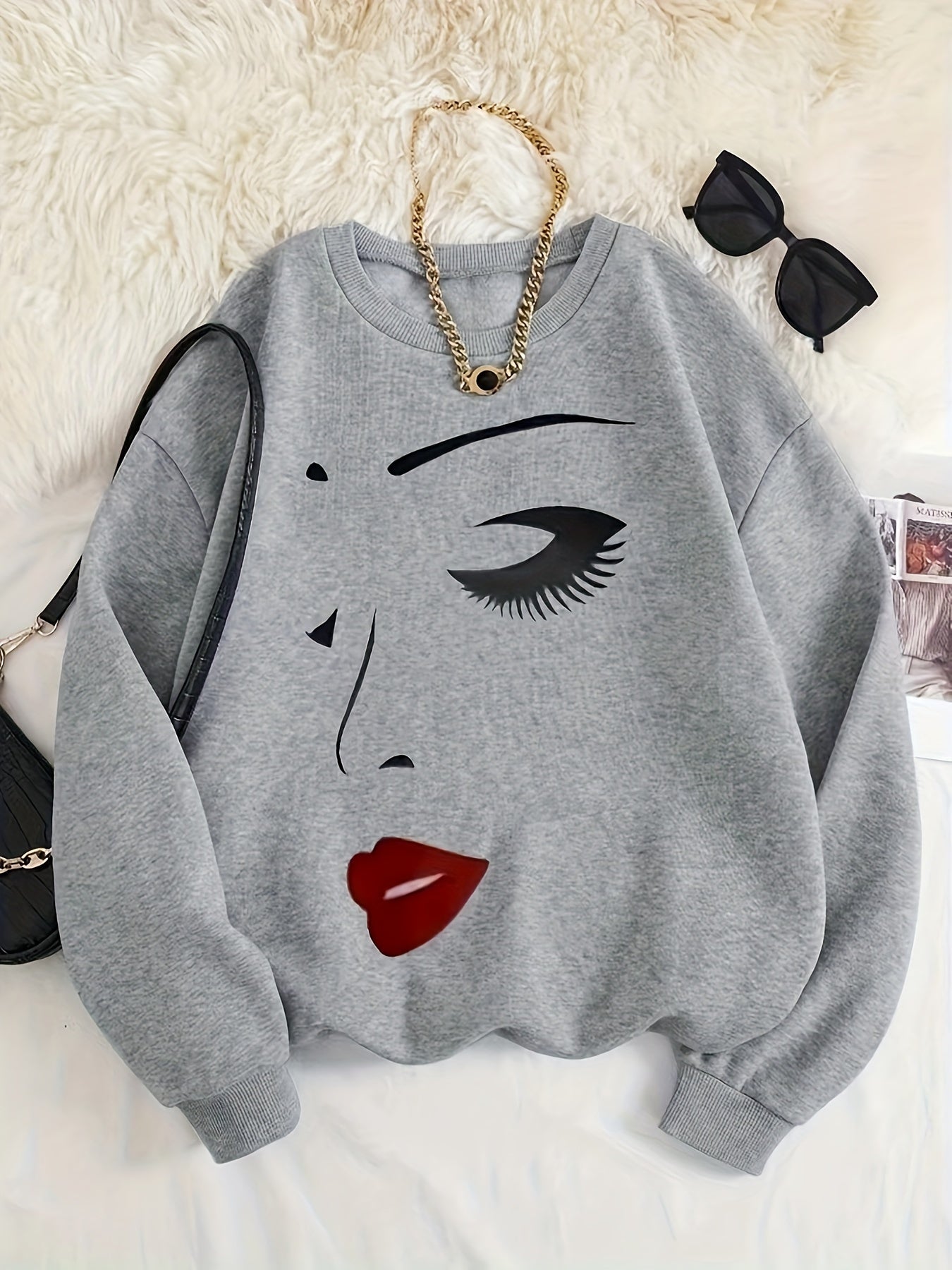 R&B | Sweatshirt mit Gesichtsdruck Baumwolle Künstlerisch und Bequem