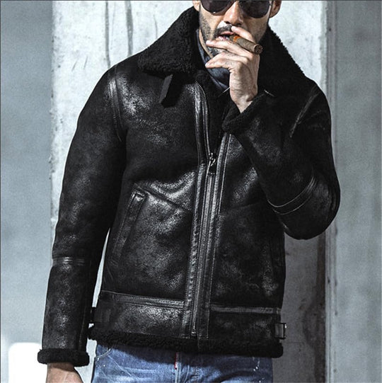 Herren Lammfell-Bikerjacke mit luxuriösem Teddyfutter und praktischen Details R&B